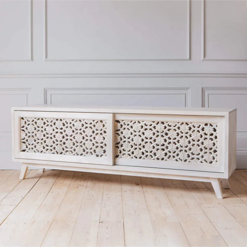 Solid Wooden White Color Hand Carved Media TV Unit Console Media Console - Bone Inlay Furnitures