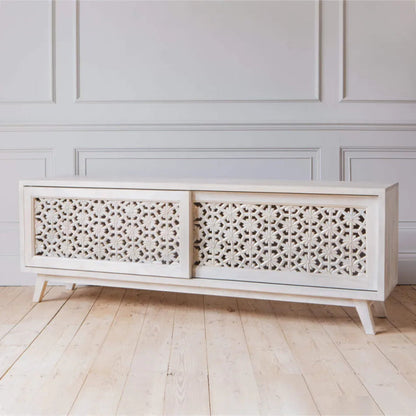 Solid Wooden White Color Hand Carved Media TV Unit Console Media Console - Bone Inlay Furnitures
