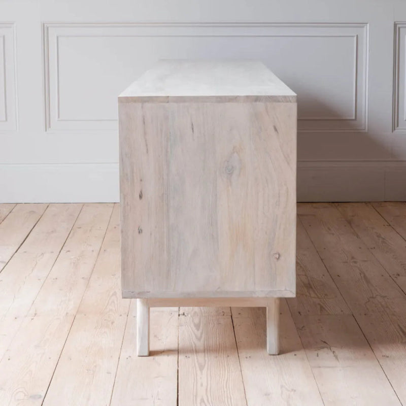 Solid Wooden White Color Hand Carved Media TV Unit Console Media Console - Bone Inlay Furnitures