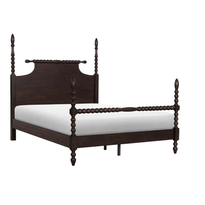 Wooden poster bed with spindle-style details and a dark frame.