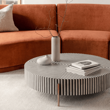 Stripped Handmade Bone Inlay Black Round Metal Base Coffee Table Coffee Table - Bone Inlay Furnitures