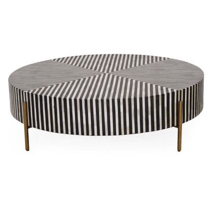 Stripped Handmade Bone Inlay Black Round Metal Base Coffee Table Coffee Table - Bone Inlay Furnitures