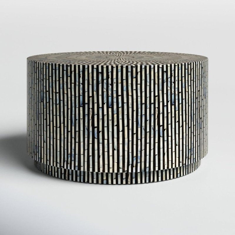 Stripped Handmade Bone Inlay Round Black and White Coffee Table Coffee Table - Bone Inlay Furnitures