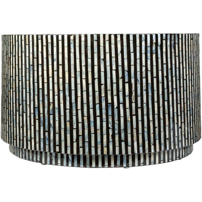Round black and white bone inlay coffee table with handcrafted vertical strip pattern across the entire cylindrical drum body, premium artisan inlay furniture for luxury interiors
