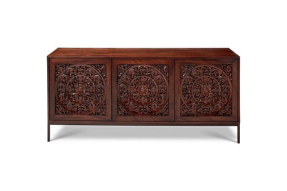 Hand-Carved Mandala Wooden Media Unit Four Door Credenza
