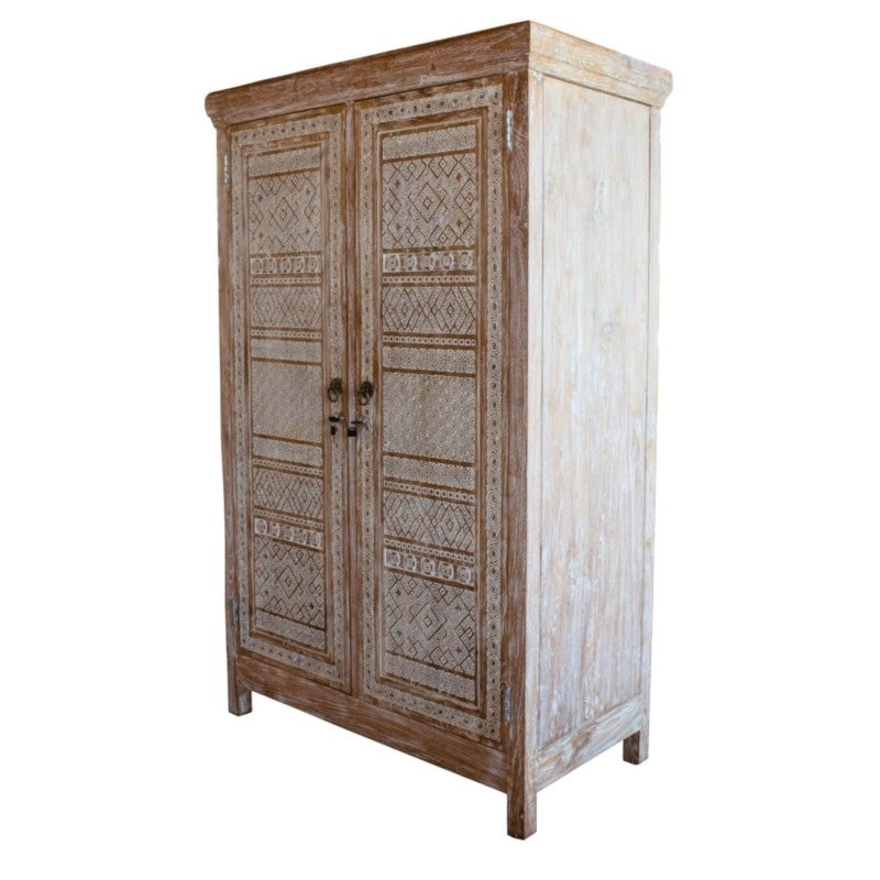 Timorese Hand Carved Two Door Armoire Almirah - Bone Inlay Furnitures