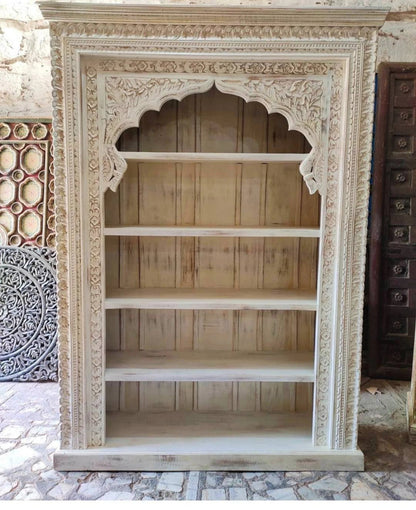 Traditional Hand Carved Natural Wooden Design Bookshelf with Five Shelf Bookshelf - Bone Inlay Furnitures
