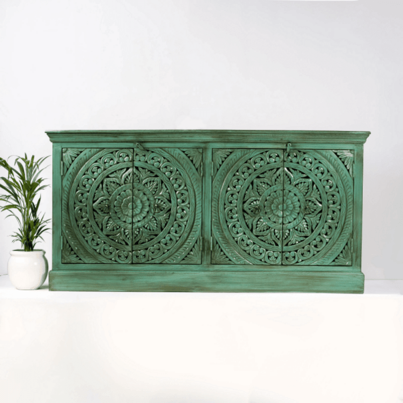 Jade Haven handcrafted solid wood sideboard in distressed green featuring two large hand-carved floral mandala medallion door panels.