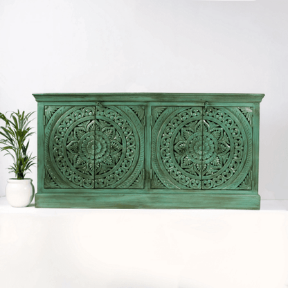 Jade Haven handcrafted solid wood sideboard in distressed green featuring two large hand-carved floral mandala medallion door panels.
