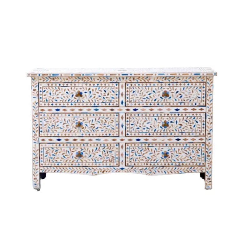 White bone inlay floral six-drawer chest of drawers with blue accent motifs and brass knobs, handcrafted artisan furniture from Rajasthan.