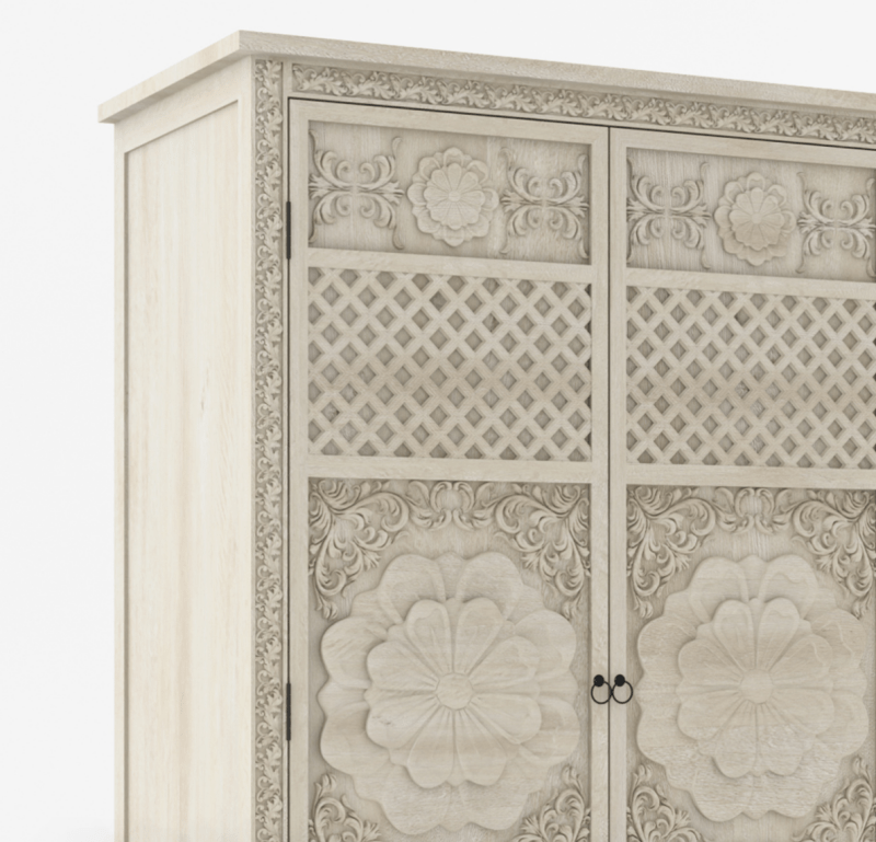 White Painted Three Door Sunflower Armoire – Hand Carved Solid Wood Storage Armoire - Bone Inlay Furnitures