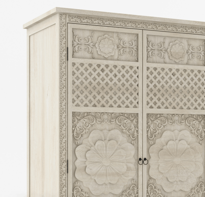 White Painted Three Door Sunflower Armoire – Hand Carved Solid Wood Storage Armoire - Bone Inlay Furnitures