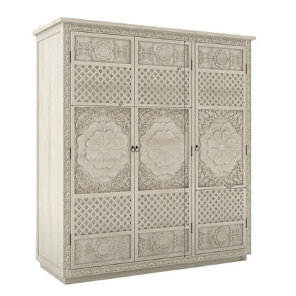 White Painted Three Door Sunflower Armoire – Hand Carved Solid Wood Storage Armoire - Bone Inlay Furnitures