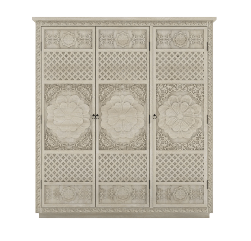 White Painted Three Door Sunflower Armoire – Hand Carved Solid Wood Storage Armoire - Bone Inlay Furnitures