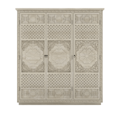 White Painted Three Door Sunflower Armoire – Hand Carved Solid Wood Storage Armoire - Bone Inlay Furnitures