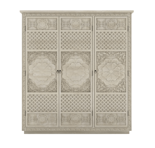 White Painted Three Door Sunflower Armoire – Hand Carved Solid Wood Storage Armoire - Bone Inlay Furnitures