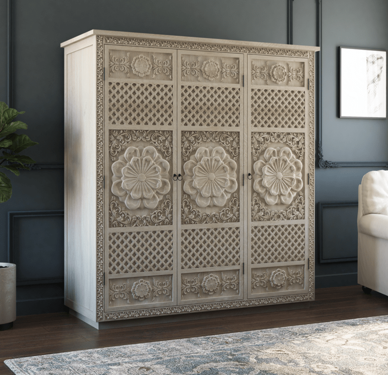 White Painted Three Door Sunflower Armoire – Hand Carved Solid Wood Storage Armoire - Bone Inlay Furnitures