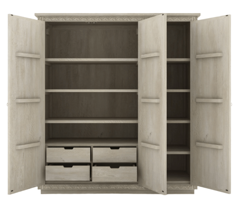 White Painted Three Door Sunflower Armoire – Hand Carved Solid Wood Storage Armoire - Bone Inlay Furnitures