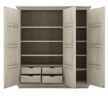 White Painted Three Door Sunflower Armoire – Hand Carved Solid Wood Storage Armoire - Bone Inlay Furnitures