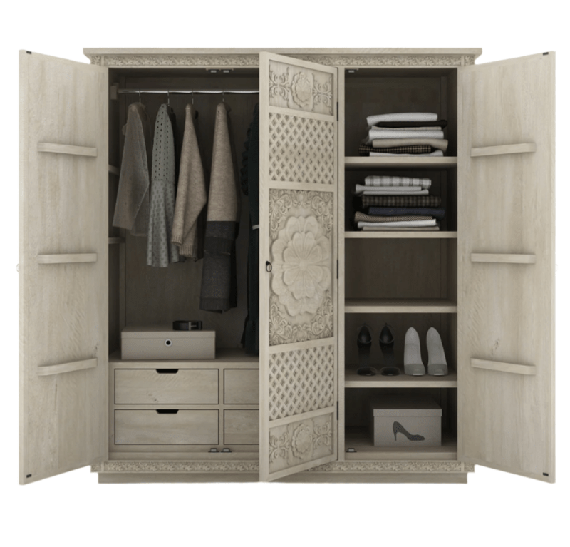 White Painted Three Door Sunflower Armoire – Hand Carved Solid Wood Storage Armoire - Bone Inlay Furnitures