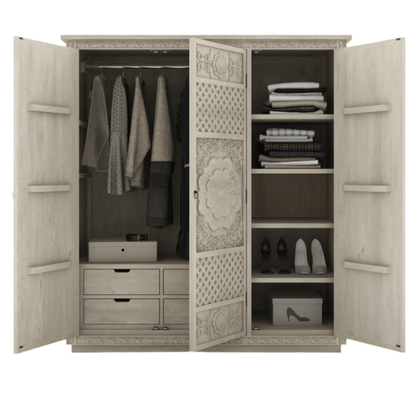 White Painted Three Door Sunflower Armoire – Hand Carved Solid Wood Storage Armoire - Bone Inlay Furnitures