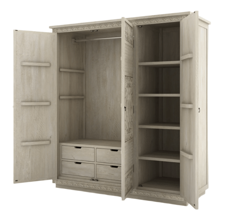 White Painted Three Door Sunflower Armoire – Hand Carved Solid Wood Storage Armoire - Bone Inlay Furnitures