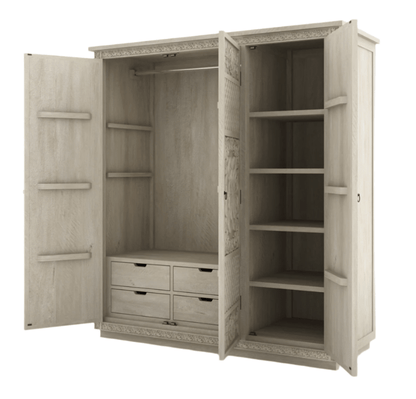 White Painted Three Door Sunflower Armoire – Hand Carved Solid Wood Storage Armoire - Bone Inlay Furnitures