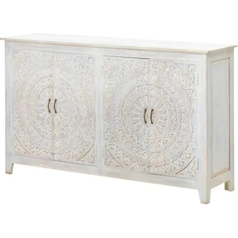 White Solid Wood Buffet Table | Four Door Hand - Carved Sideboard Buffet & Sideboard - Bone Inlay Furnitures