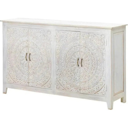 White Solid Wood Buffet Table | Four Door Hand - Carved Sideboard Buffet & Sideboard - Bone Inlay Furnitures