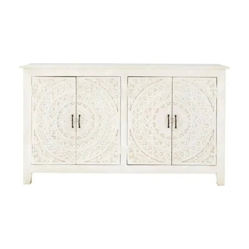 White Solid Wood Buffet Table | Four Door Hand - Carved Sideboard Buffet & Sideboard - Bone Inlay Furnitures
