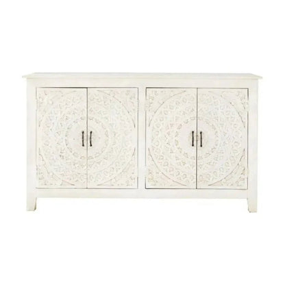 White Solid Wood Buffet Table | Four Door Hand - Carved Sideboard Buffet & Sideboard - Bone Inlay Furnitures