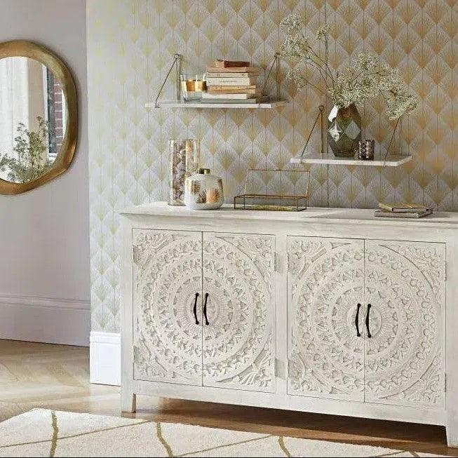 White Solid Wood Buffet Table | Four Door Hand - Carved Sideboard Buffet & Sideboard - Bone Inlay Furnitures