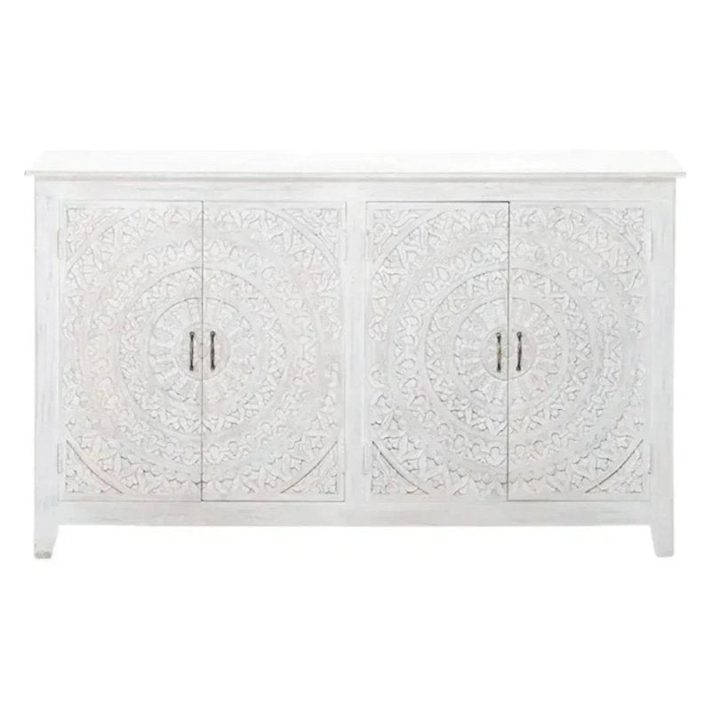White Solid Wood Buffet Table | Four Door Hand - Carved Sideboard Buffet & Sideboard - Bone Inlay Furnitures