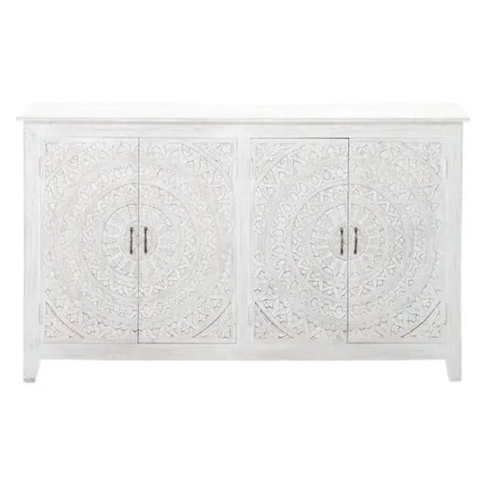 White Solid Wood Buffet Table | Four Door Hand - Carved Sideboard Buffet & Sideboard - Bone Inlay Furnitures