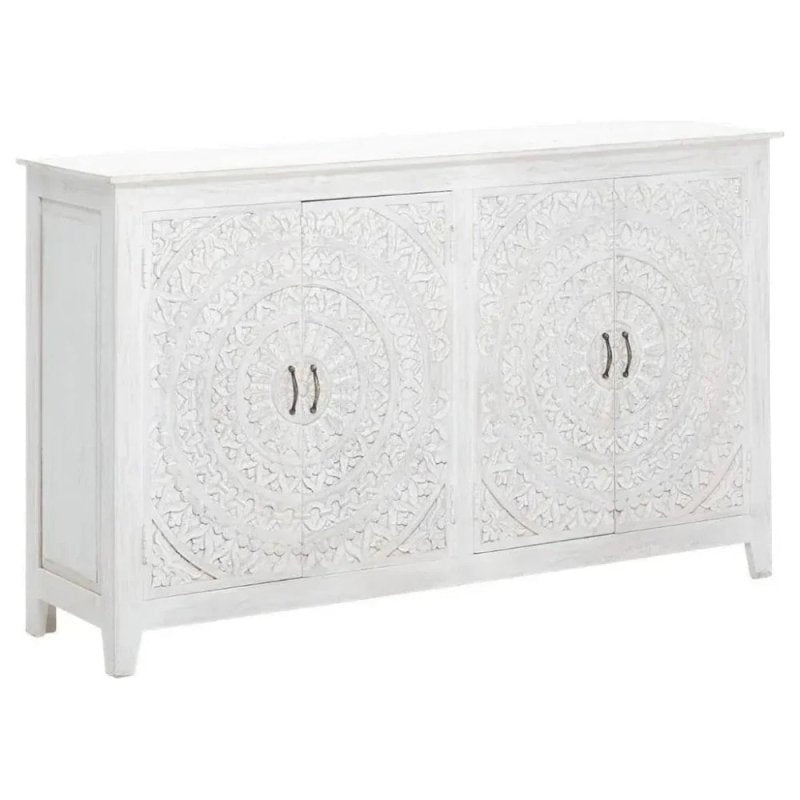 White Solid Wood Buffet Table | Four Door Hand - Carved Sideboard Buffet & Sideboard - Bone Inlay Furnitures
