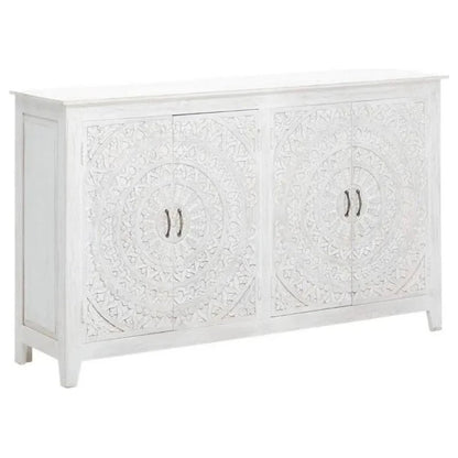White Solid Wood Buffet Table | Four Door Hand - Carved Sideboard Buffet & Sideboard - Bone Inlay Furnitures