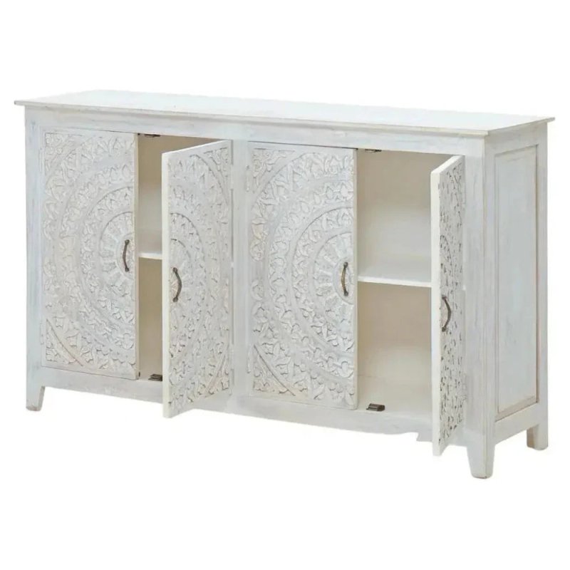 White Solid Wood Buffet Table | Four Door Hand - Carved Sideboard Buffet & Sideboard - Bone Inlay Furnitures