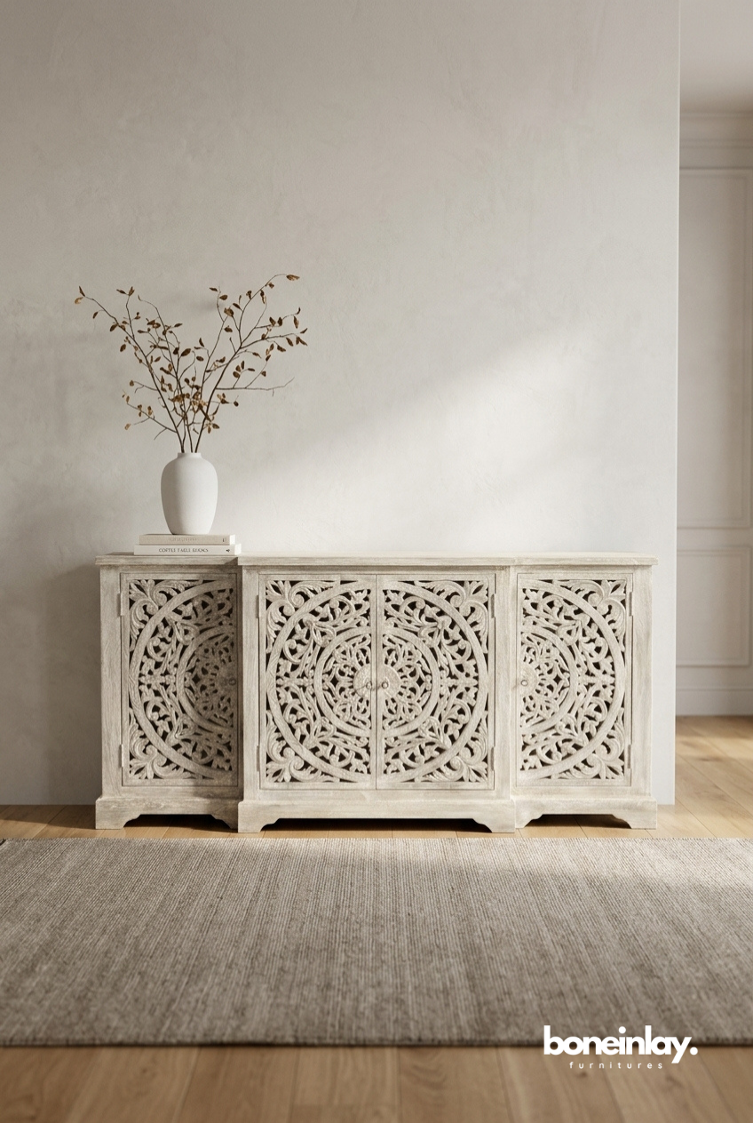 Hand Carved Whitewashed Wood Sideboard Buffet Cabinet