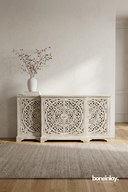 Hand Carved Whitewashed Wood Sideboard Buffet Cabinet