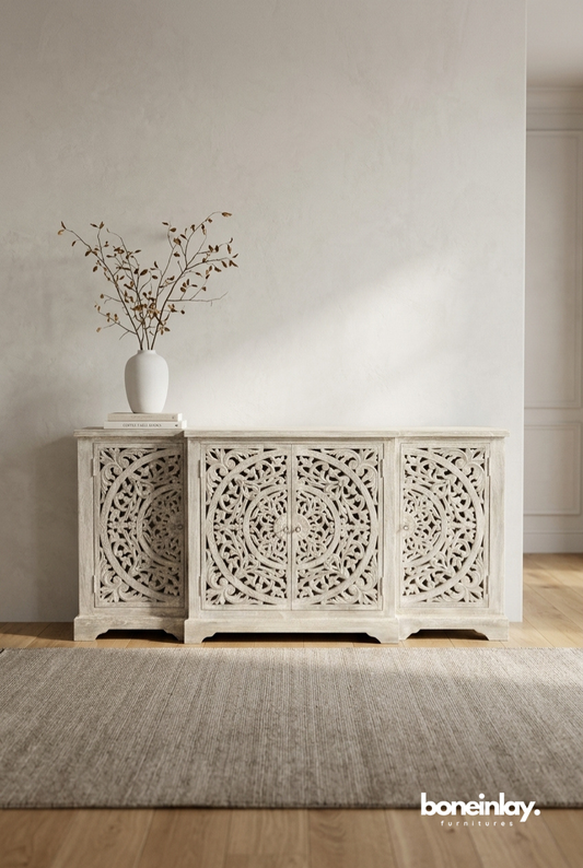 Hand Carved Whitewashed Wood Sideboard Buffet Cabinet