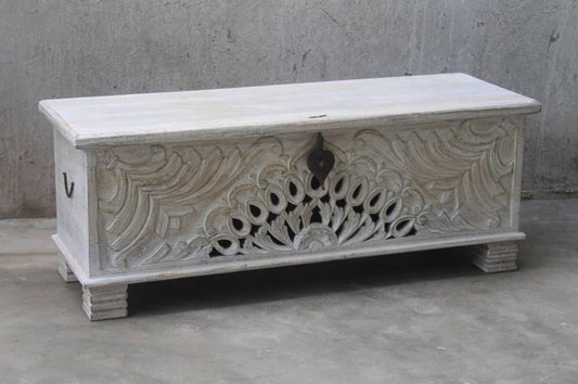 Wood Carving Trunk | Hand - Carved Peacock Wooden Blanket Box Blanket box - Bone Inlay Furnitures