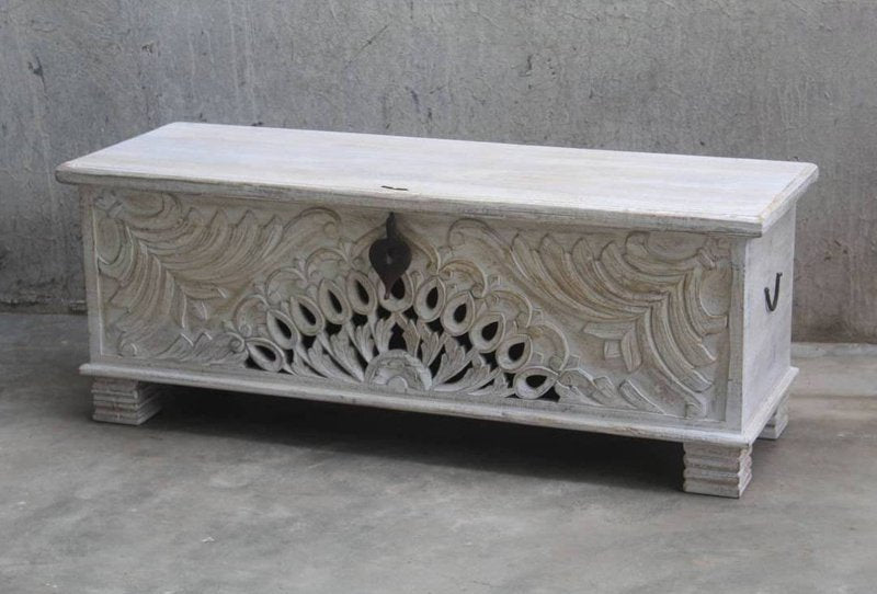 Wood Carving Trunk | Hand - Carved Peacock Wooden Blanket Box Blanket box - Bone Inlay Furnitures
