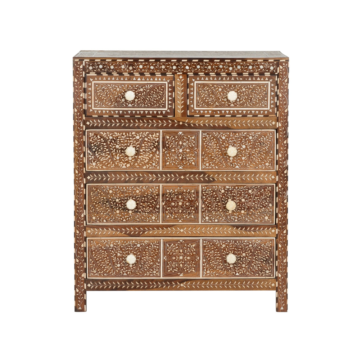 Anglo-Indian solid teak wood credenza chest featuring intricate floral bone inlay work, geometric borders, five drawers, and carved flower-shaped knobs.