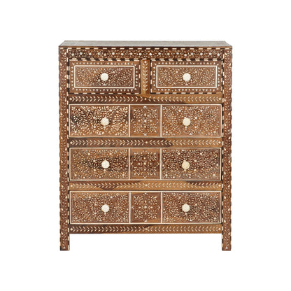 Anglo-Indian solid teak wood credenza chest featuring intricate floral bone inlay work, geometric borders, five drawers, and carved flower-shaped knobs.