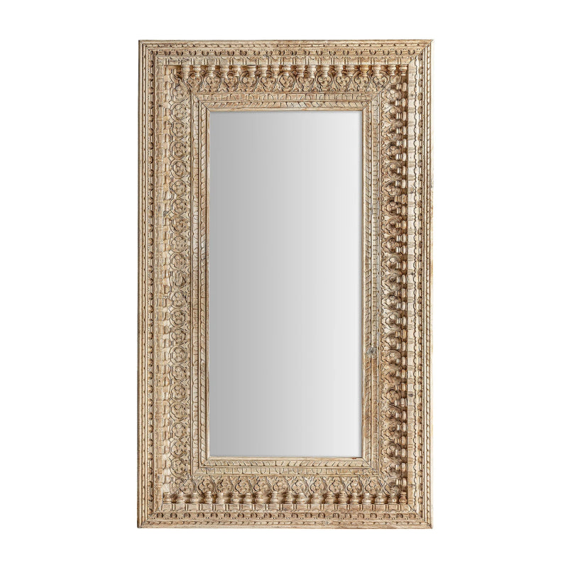 Large rectangular solid wood wall mirror featuring a deep frame with multiple rows of hand-carved floral and geometric relief patterns in a weathered finish.