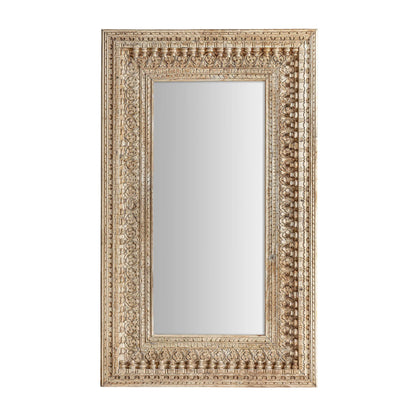 Large rectangular solid wood wall mirror featuring a deep frame with multiple rows of hand-carved floral and geometric relief patterns in a weathered finish.