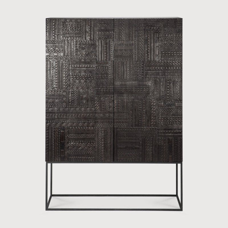 Wooden Hand Carved Black Geometric Bar Cart Cabinet | Wine Storage Rack Cabinet Bar Cabinet - Bone Inlay Furnitures