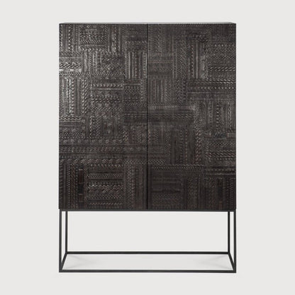 Wooden Hand Carved Black Geometric Bar Cart Cabinet | Wine Storage Rack Cabinet Bar Cabinet - Bone Inlay Furnitures