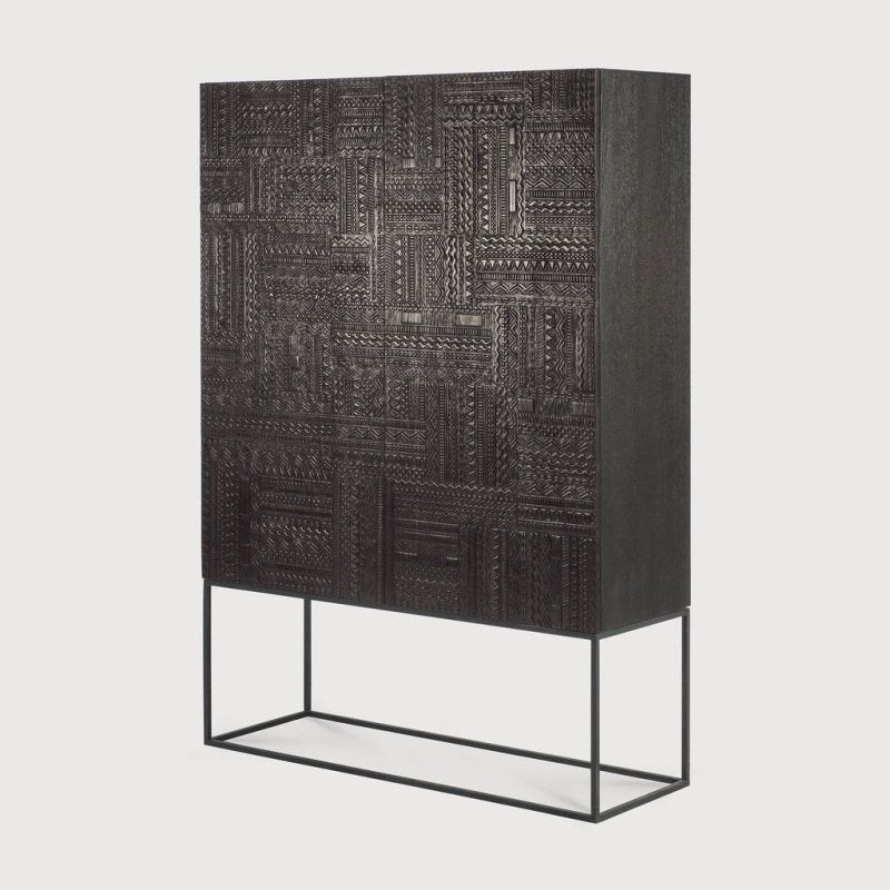 Wooden Hand Carved Black Geometric Bar Cart Cabinet | Wine Storage Rack Cabinet Bar Cabinet - Bone Inlay Furnitures