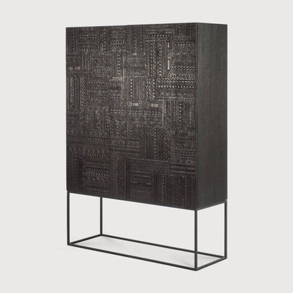 Wooden Hand Carved Black Geometric Bar Cart Cabinet | Wine Storage Rack Cabinet Bar Cabinet - Bone Inlay Furnitures